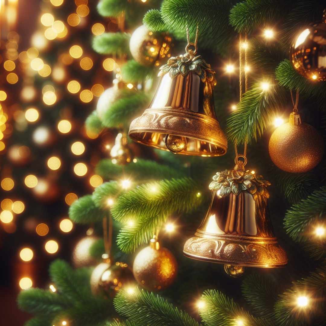 Golden Christmas bells hanging on a lush green tree, adorned with twinkling lights and delicate ornaments, capturing the festive warmth and magic of the holiday season.