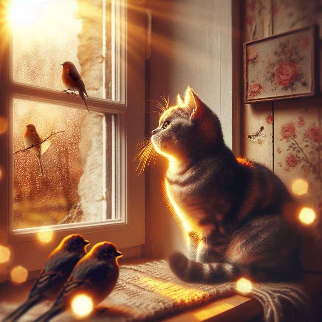Cat gazing out a window at birds during golden hour