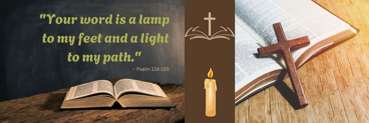 Morning Bible verse with candle, Bible, and Psalm 119:105 quote