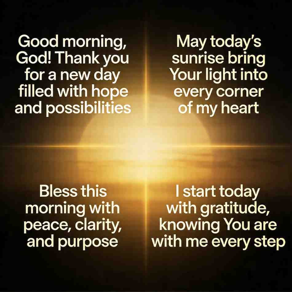 Good morning God quotes grid on soft dark gradient with golden sunrise glow and bold modern font