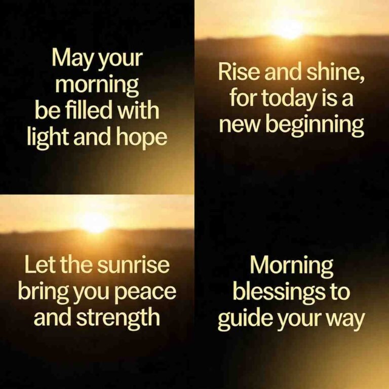 Morning blessings God quotes grid on dark gradient with golden glow and bold typography