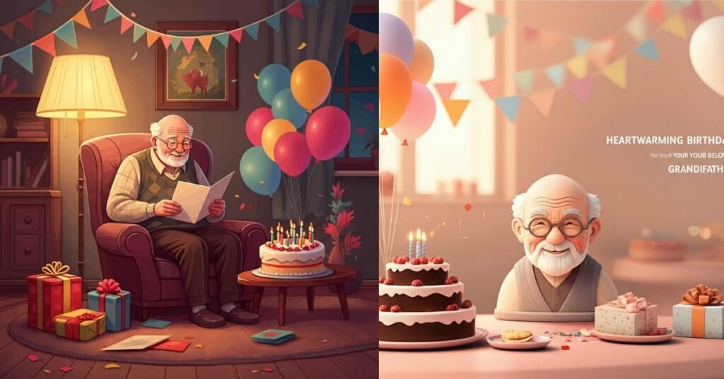 Cartoon illustrations of elderly man celebrating birthday with cake and balloons
