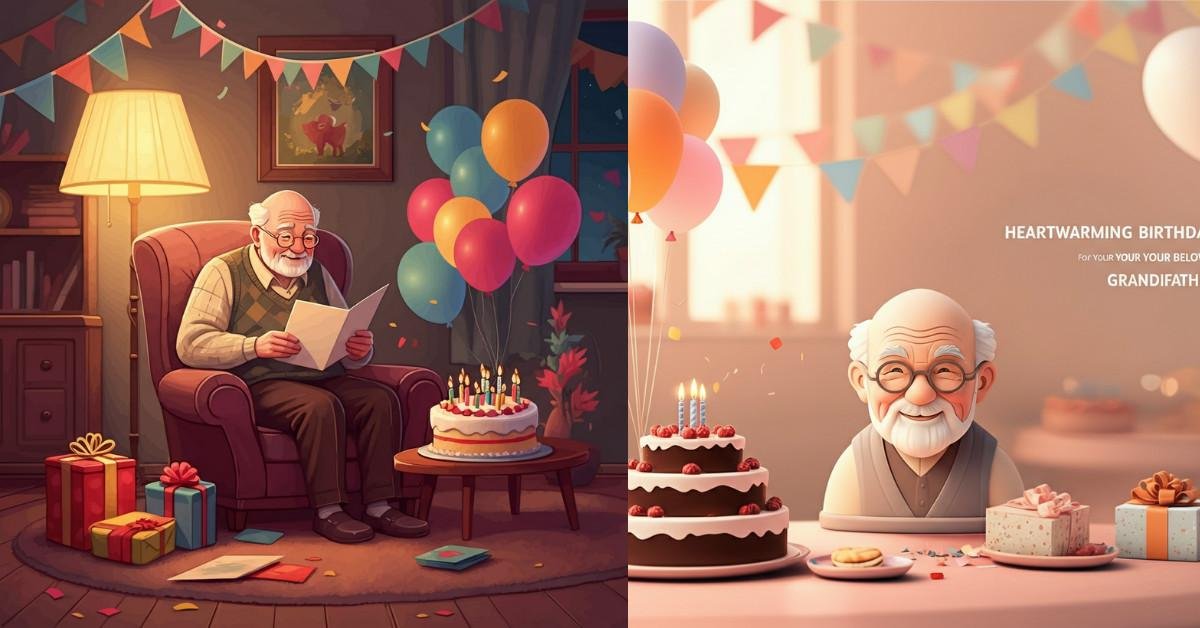Cartoon illustrations of elderly man celebrating birthday with cake and balloons