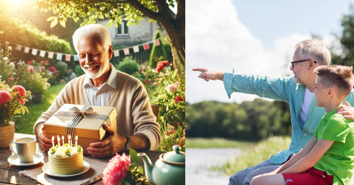 Elderly man enjoying a birthday celebration outdoors with gifts and tea