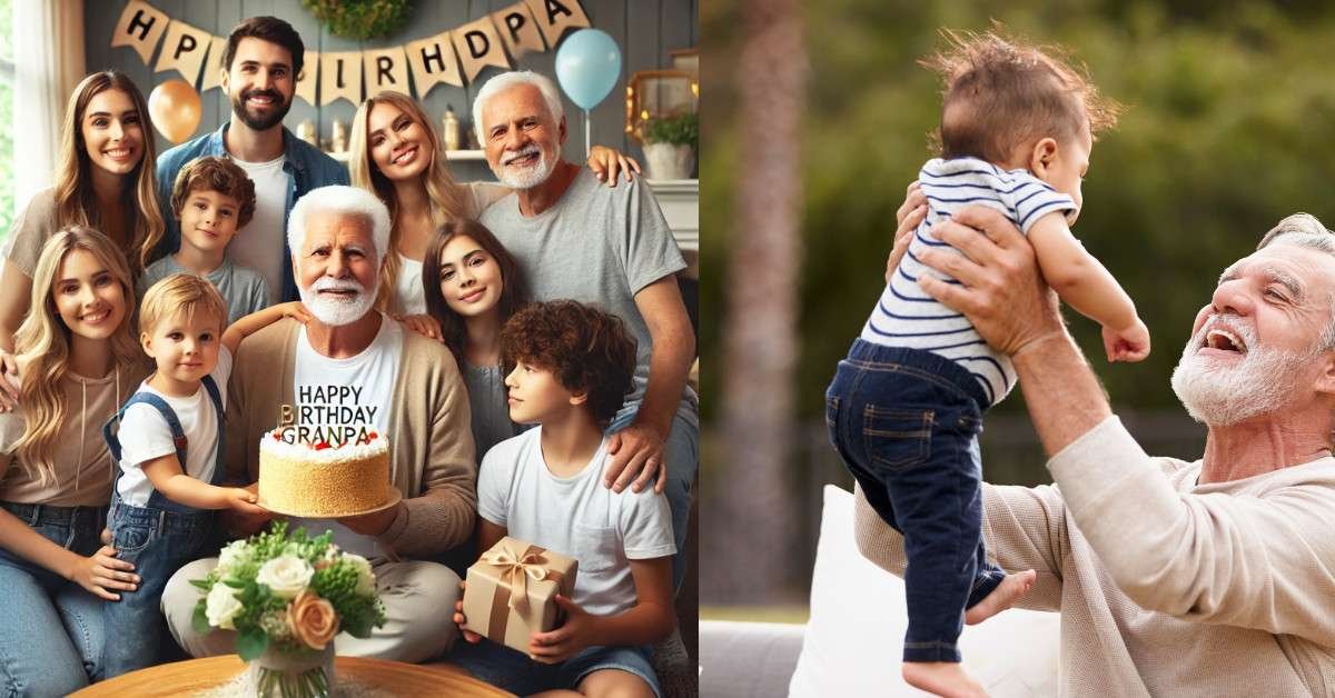 Grandfather surrounded by happy family and holding a birthday cake