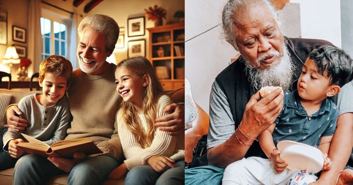 Grandfather sharing joyful moments with grandchildren