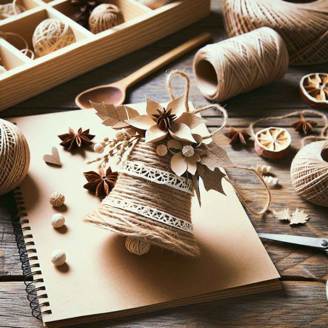 An image of a DIY project featuring an eco-friendly handmade bell decoration. The bell is crafted from upcycled materials, such as recycled paper and natural twine, and adorned with decorative elements like dried flowers or leaves. The setting is a rustic, eco-conscious workspace, emphasizing the sustainable and creative aspects of the holiday decor project.
