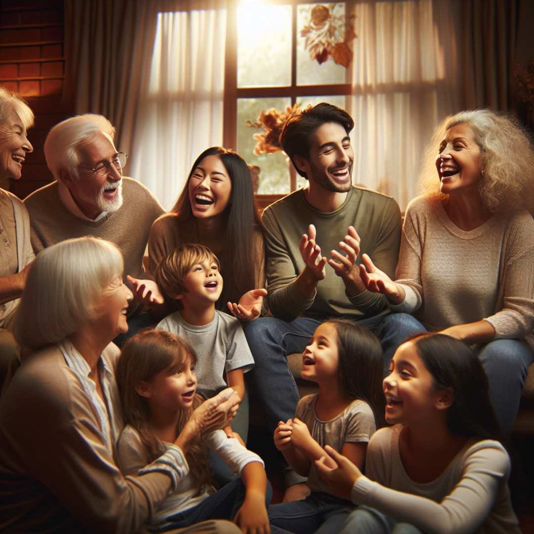 Joyful multigenerational family laughing together in a cozy living room