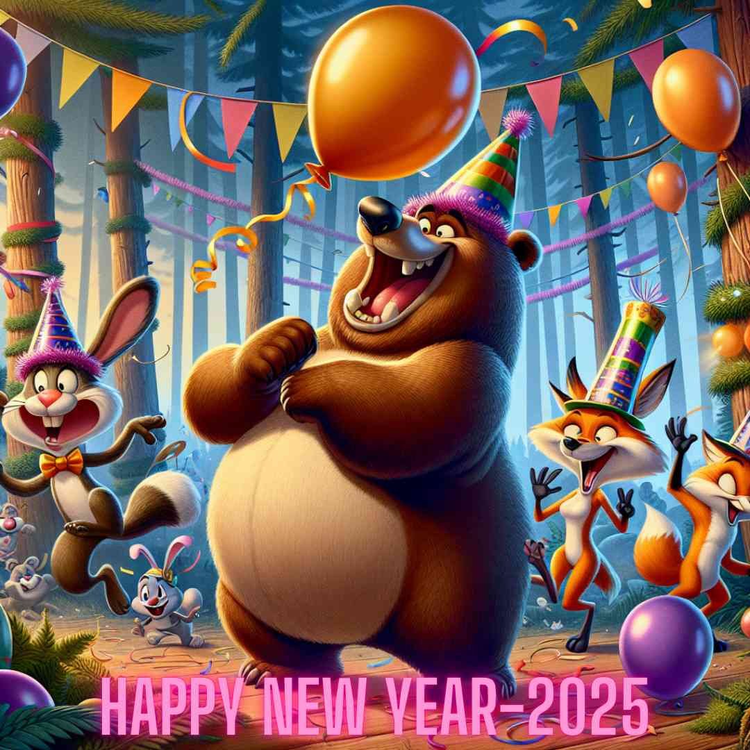 Cartoon bear and forest animals celebrating New Year 2025 with balloons