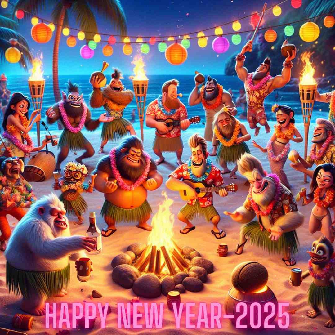 Cartoon characters celebrating New Year 2025 with a beach party and bonfire