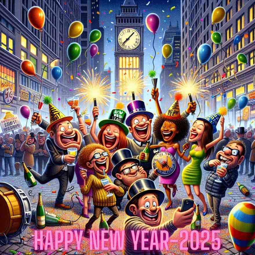 Cartoon crowd celebrating New Year 2025 in a lively city street