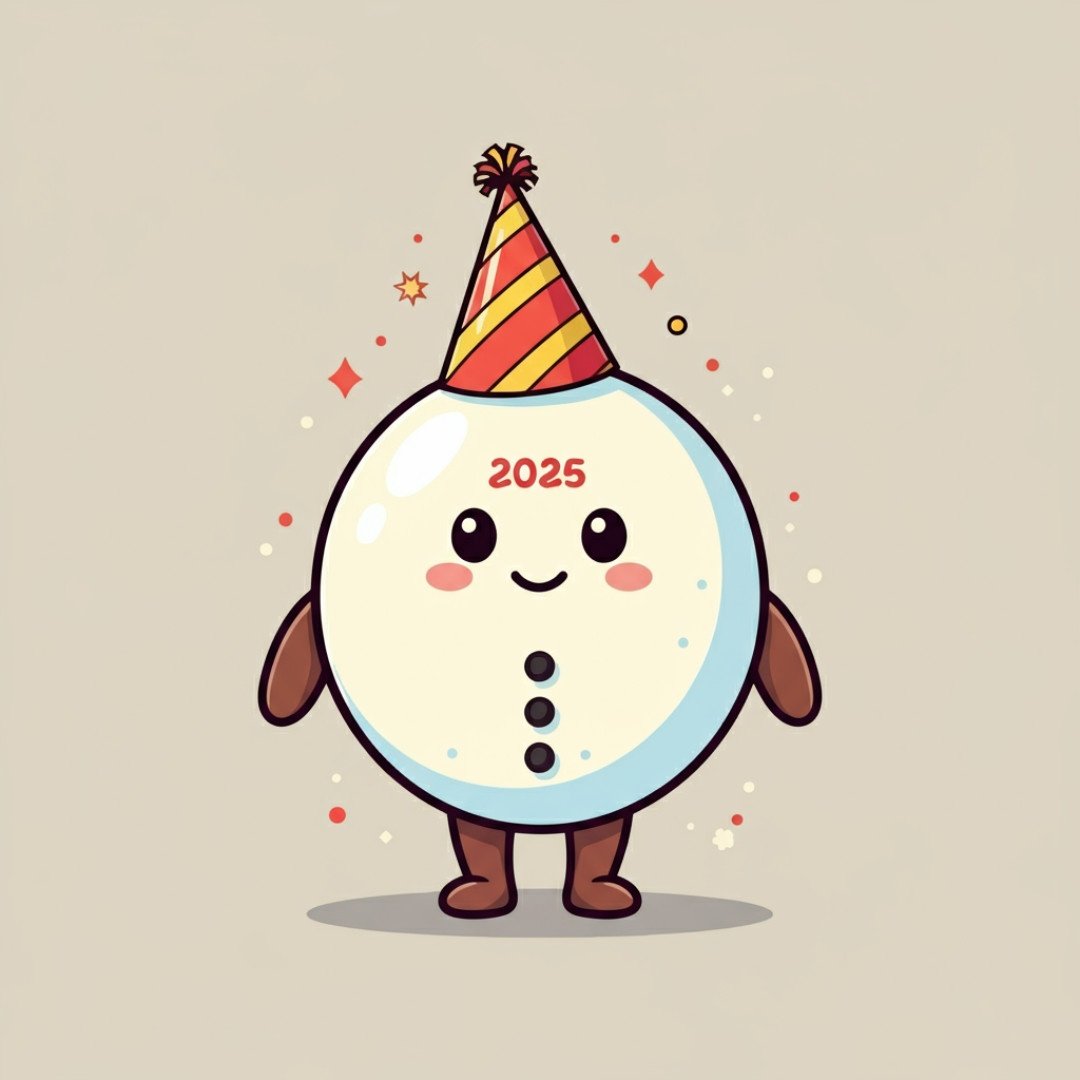 Cute cartoon-style snowman drawing with party hat and “2025” text
