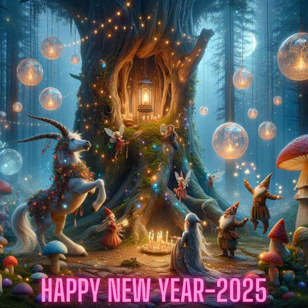Happy New Year 2025 celebration in a magical forest with animals
