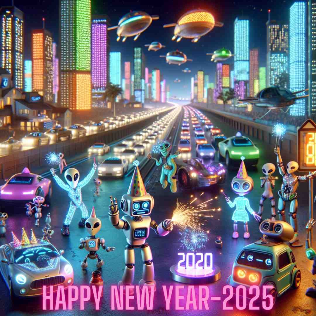Futuristic New Year 2025 celebration with robots and neon lights