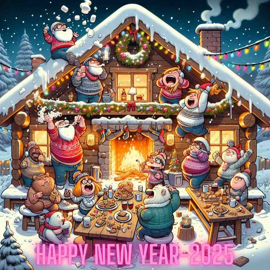 Cartoon family celebrating New Year 2025 in a cozy snowy cabin