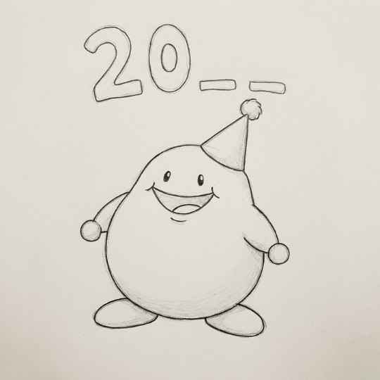 Simple Happy New Year drawing for kids showing a smiling cartoon character with party hat and 20__ text, easy pencil sketch for beginners