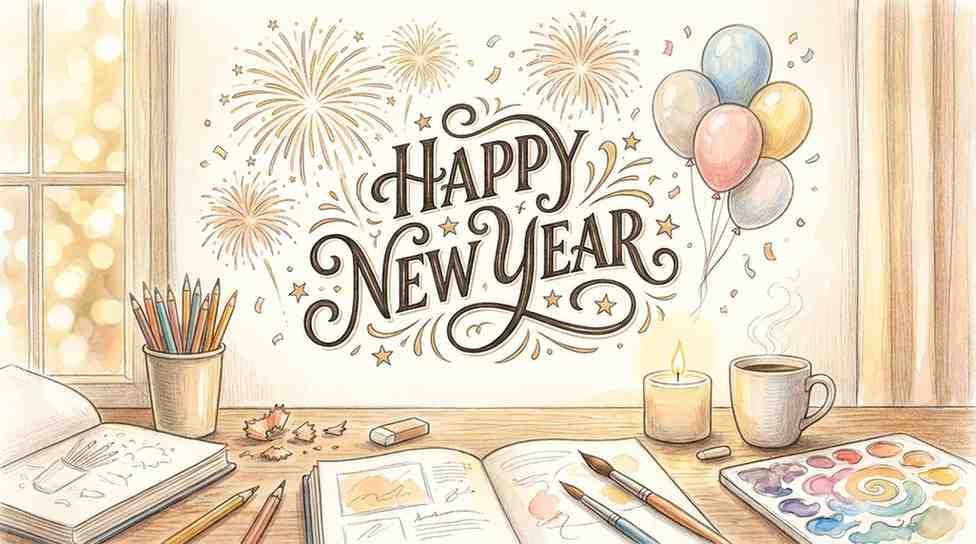 Happy New Year drawing tips illustration with creative sketching, coloring, and layout ideas for beginners