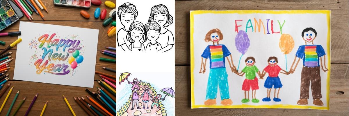 Family and celebration-themed children’s sketches and drawings