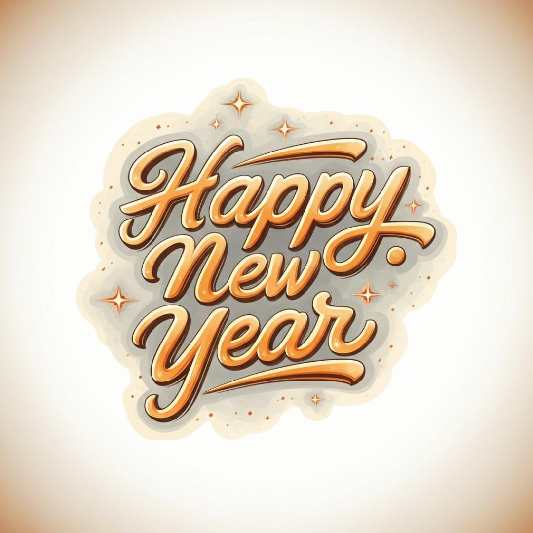 Elegant golden "Happy New Year" typography with festive sparkles