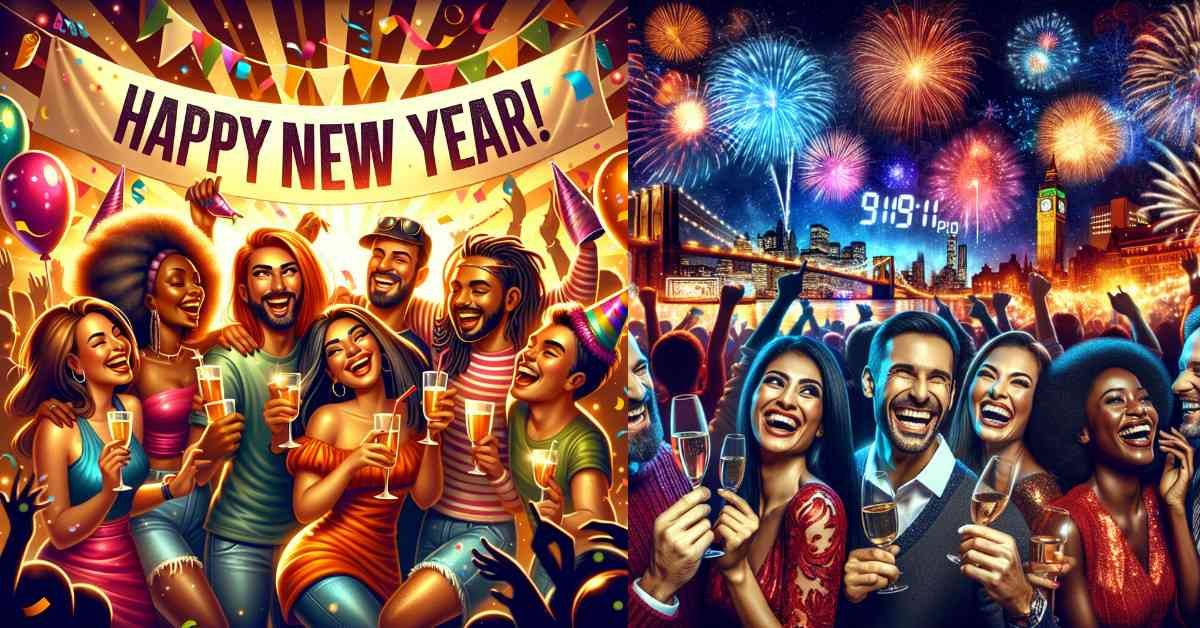 People celebrating New Year with fireworks and champagne