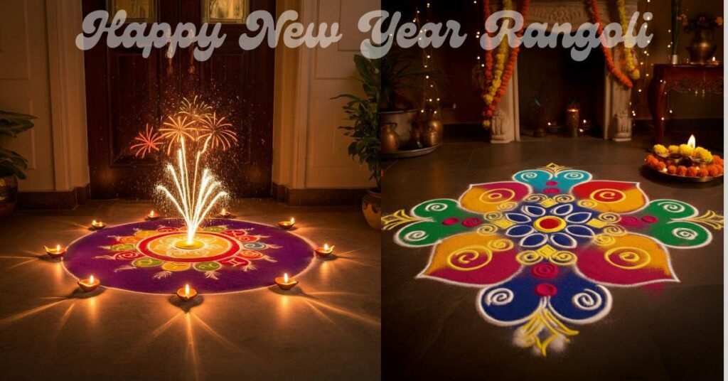 Colorful rangoli with firecracker and diyas for New Year celebration