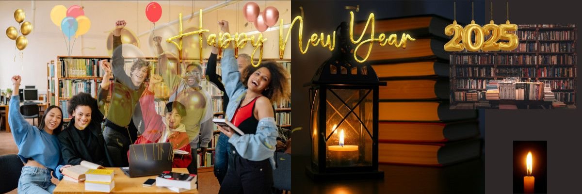 Students celebrating New Year with books and a glowing lantern