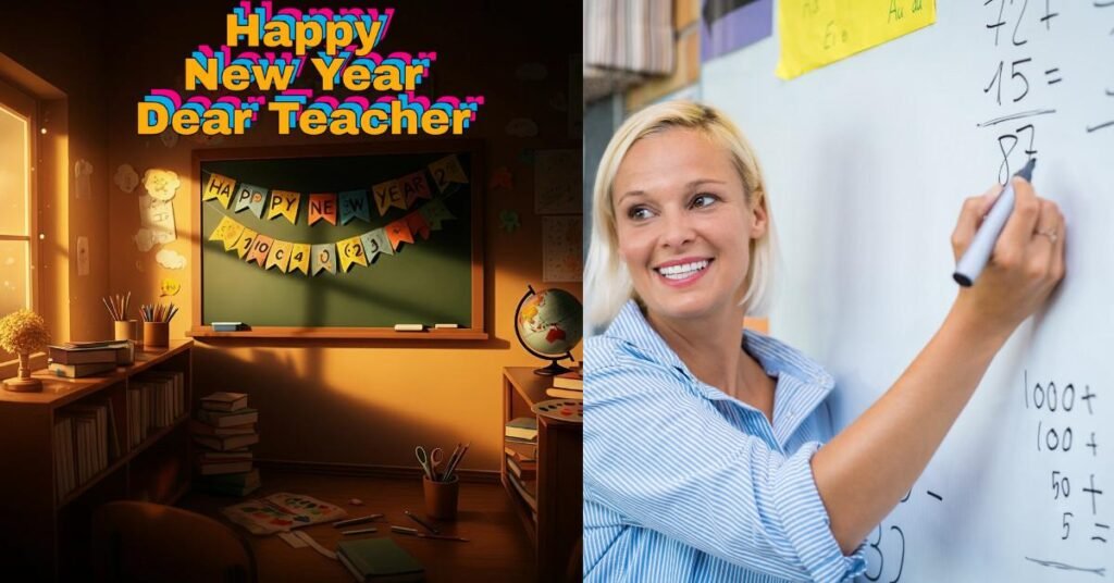 Teacher smiling with Happy New Year decor in classroom