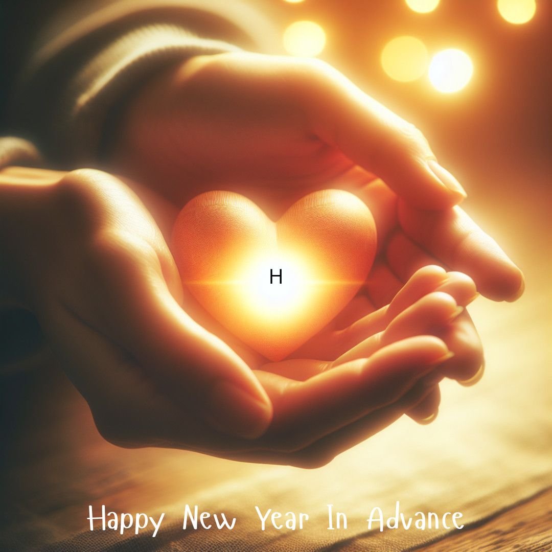 Hands holding a glowing heart with New Year lights in the background