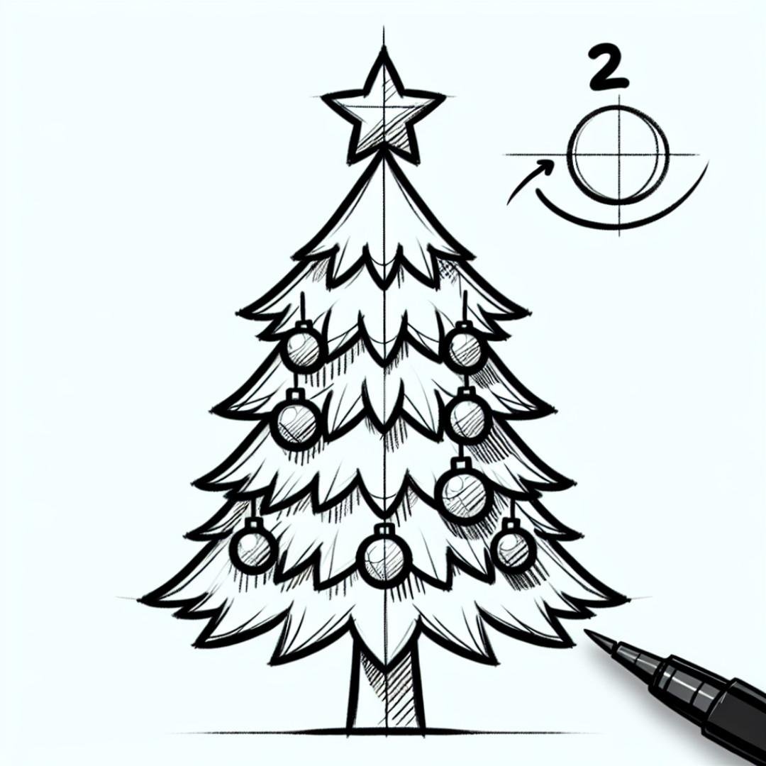 Simple Christmas tree drawing tutorial with ornaments for kids.