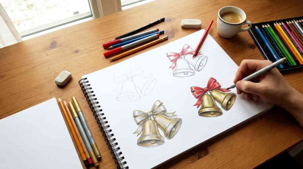Christmas bells drawing tutorial with ribbon and shading details