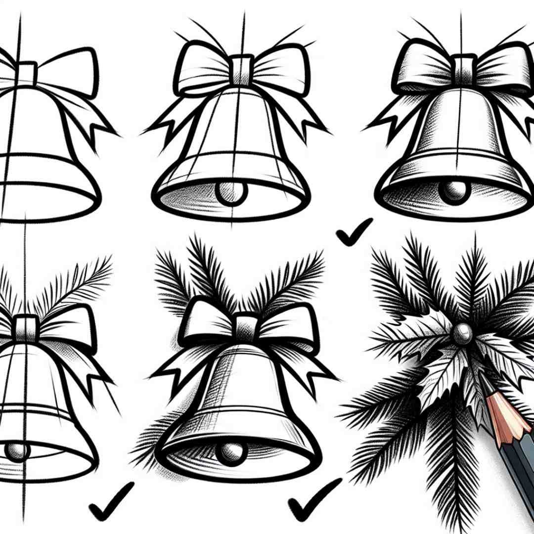 Christmas Bells Sketch: "Illustration for 'how to draw Christmas bells' depicting a straightforward sketch of bells with a bow, using basic shapes for easy replication."