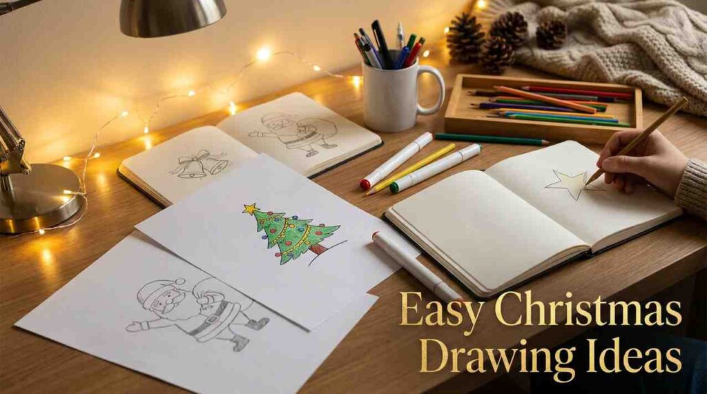 How to draw Santa Claus and Christmas tree tutorial setup with festive sketches