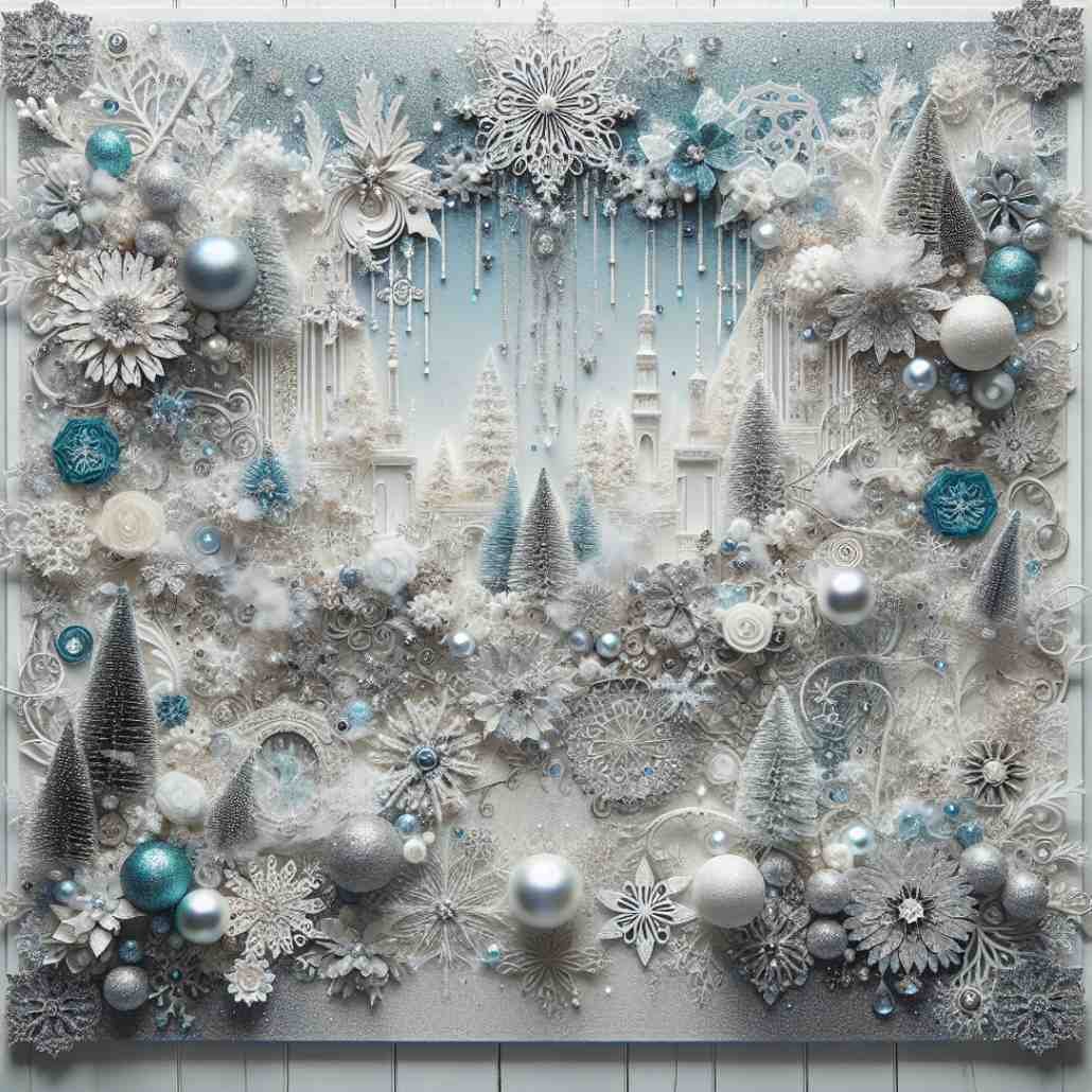 Icy blue and silver Christmas board with ornaments, snowflakes, and trees