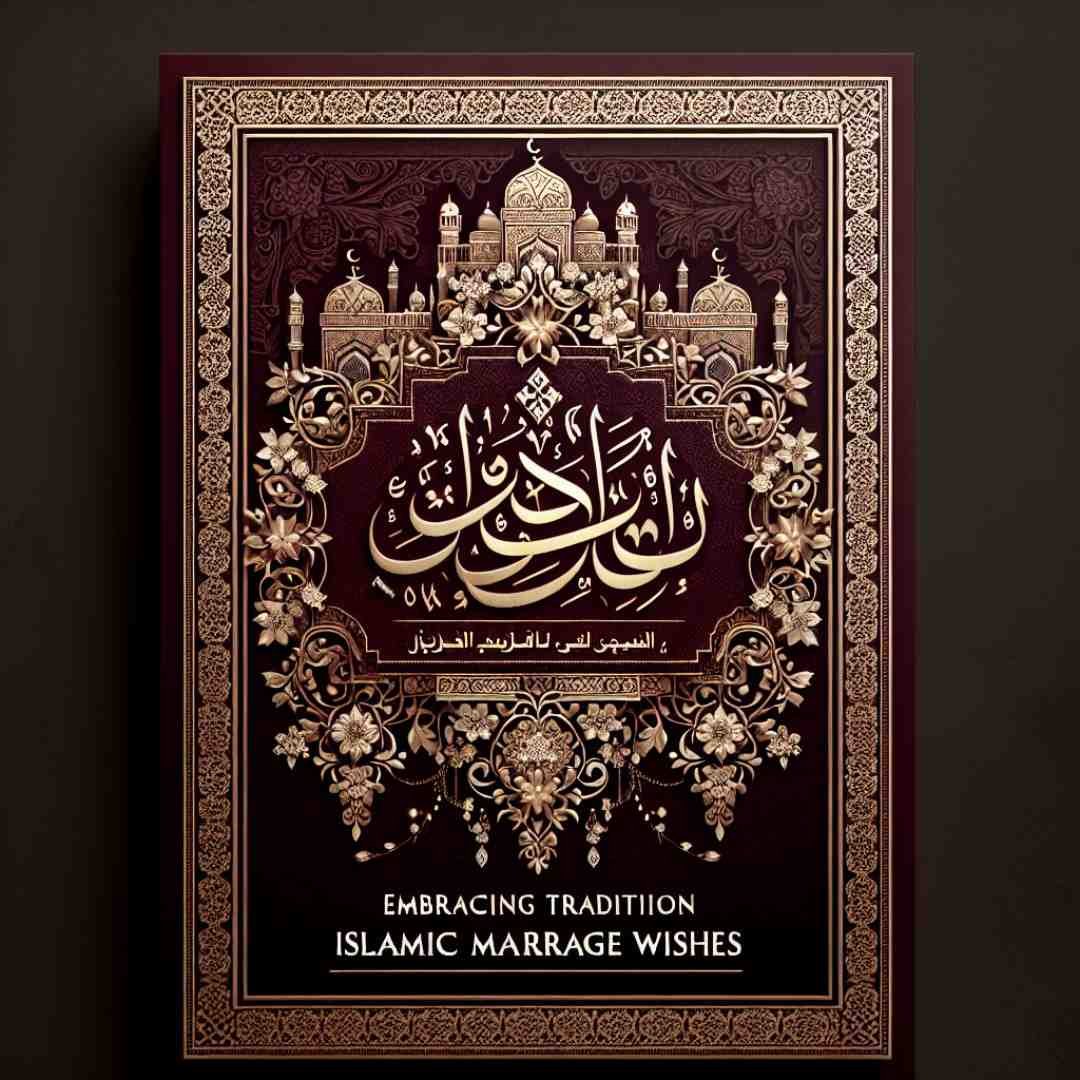 Ornate Islamic card: An ornate Islamic marriage card with lavish calligraphy and gold filigree, suitable for grand Islamic marriage greetings.