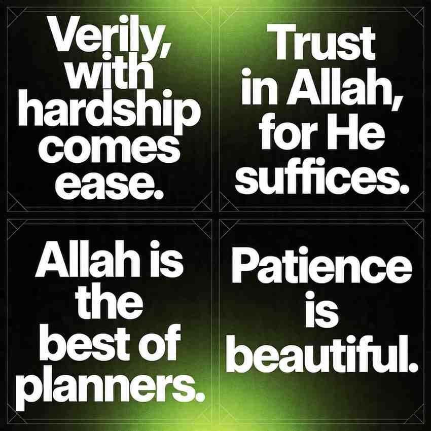 Islamic quotes about life grid on dark gradient with green tone and bold modern font