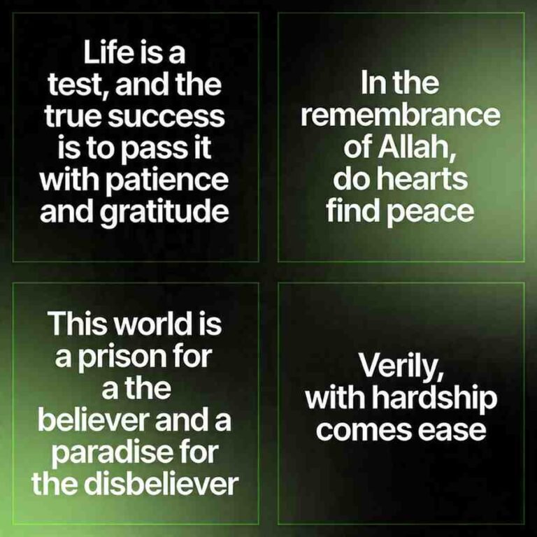 Life guidance Islamic quotes grid on dark gradient with green tone and bold typography