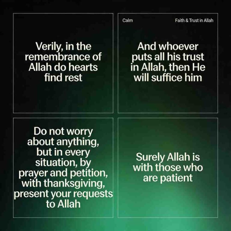 Faith and trust in Allah quotes grid on dark gradient with green accents and bold font