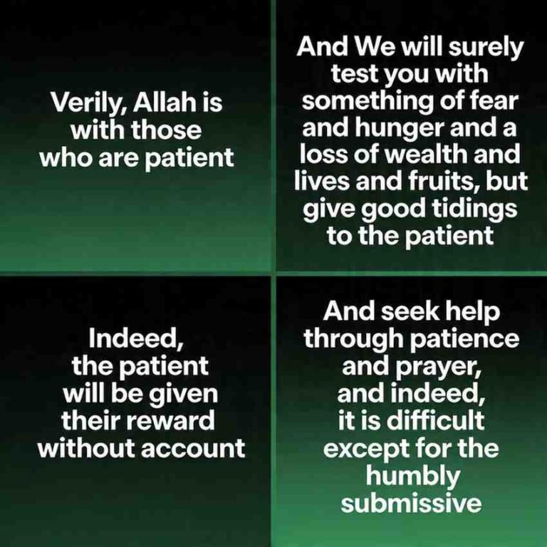 Patience (sabr) Islamic quotes grid on dark gradient with green tone and bold typography