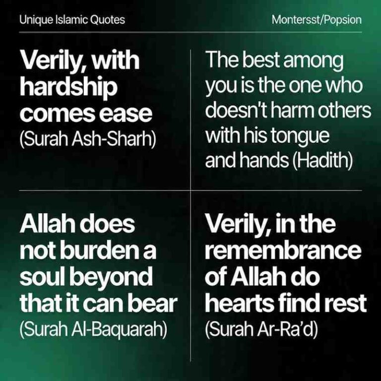 Unique Islamic life quotes grid on dark gradient with green tone and bold modern font