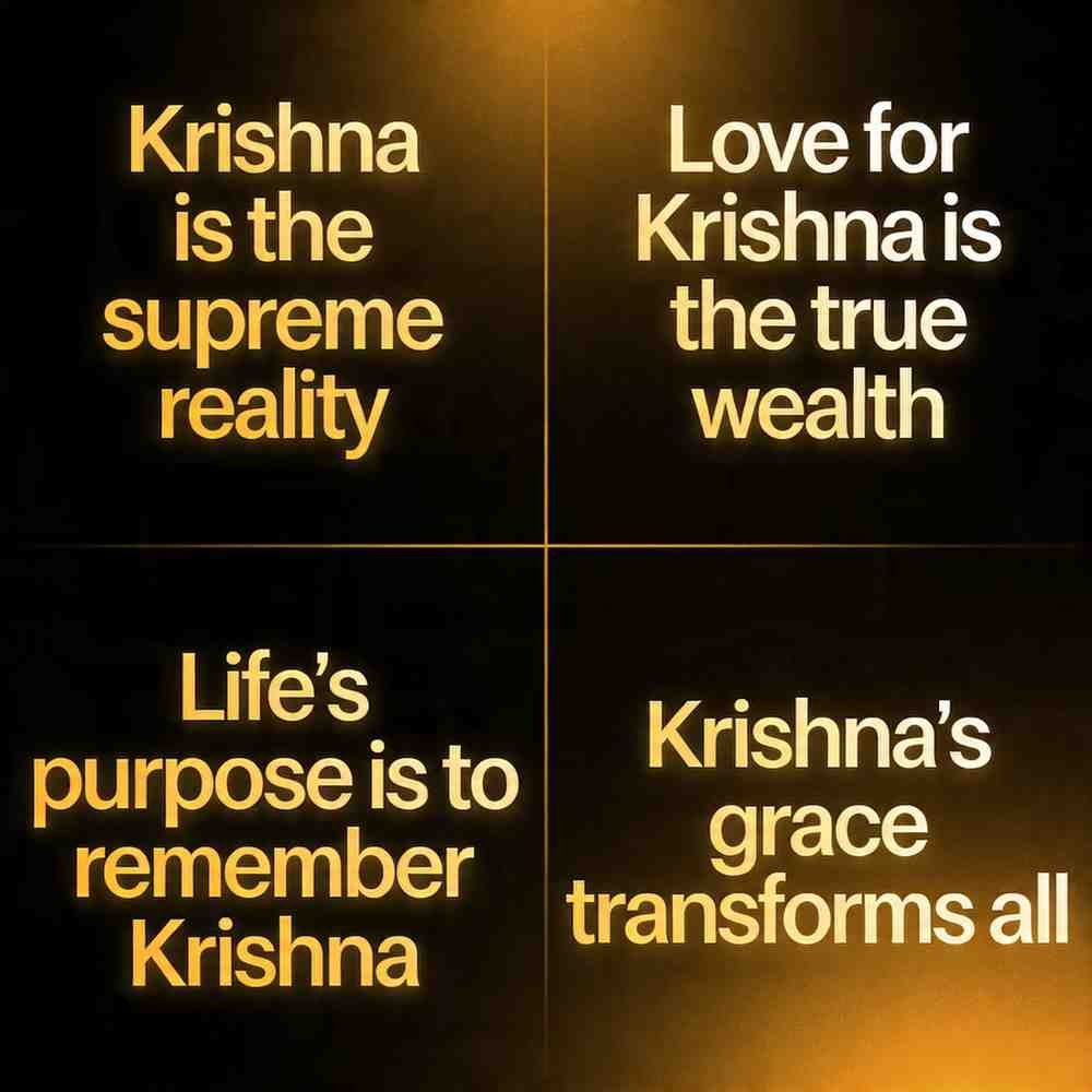 Krishna quotes in English grid on dark gradient with saffron glow and bold modern font