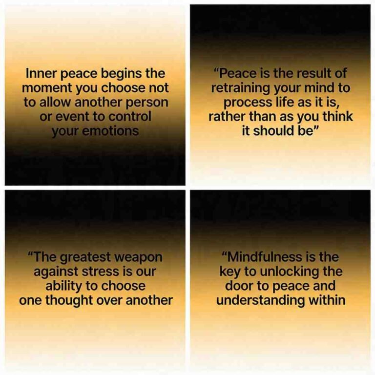 Peace and mind Krishna quotes grid on dark gradient with saffron accents and bold typography