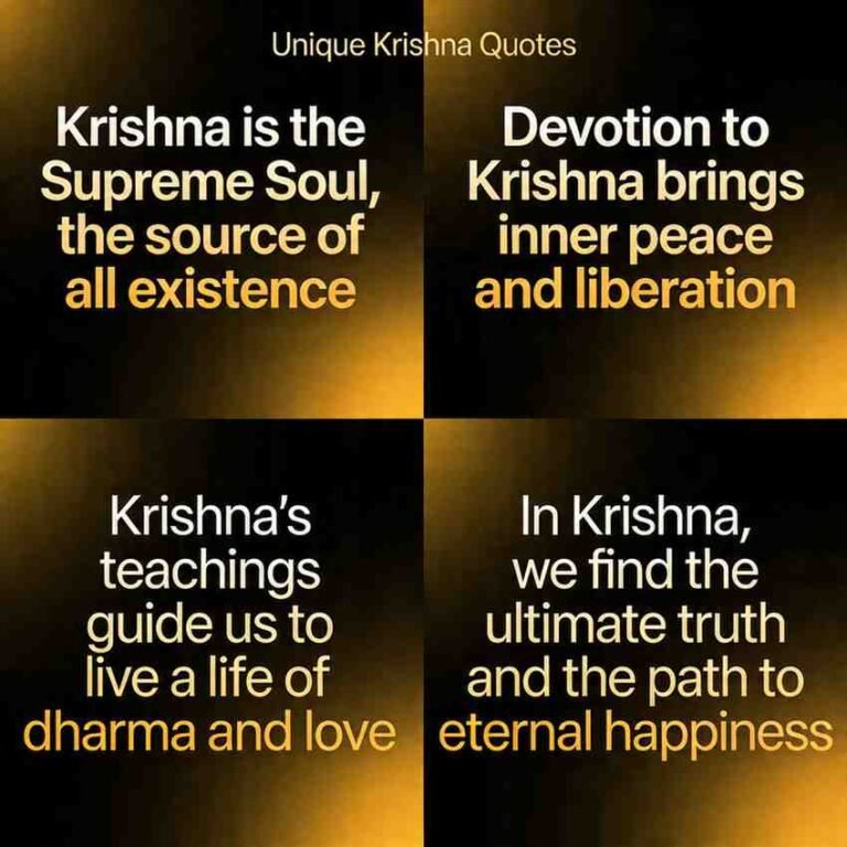 Unique Krishna quotes grid on dark gradient with saffron glow and bold modern font