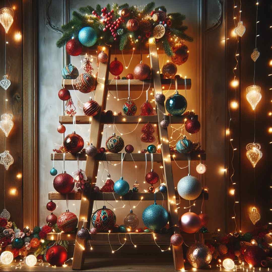 Ladder-style Christmas tree with hanging ornaments and glowing fairy lights.