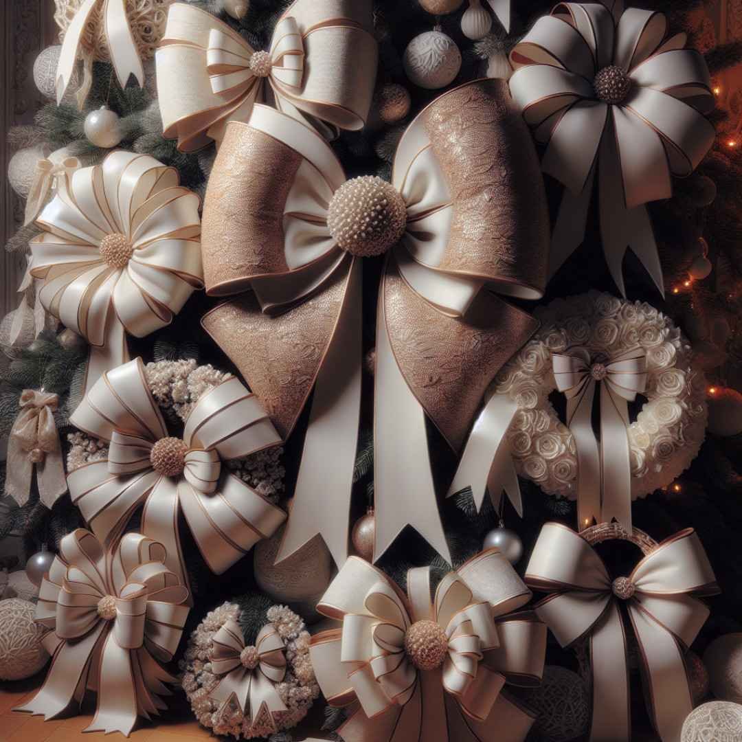 Christmas tree decorated with elegant oversized bows and gift packages.