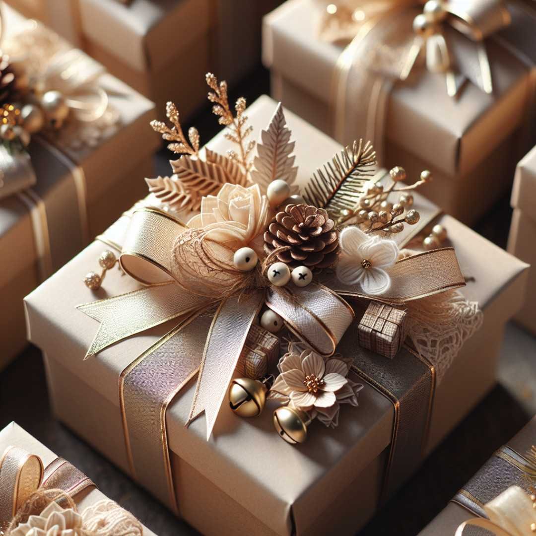 Christmas board decoration featuring creative gift-wrapping ideas with festive ribbons