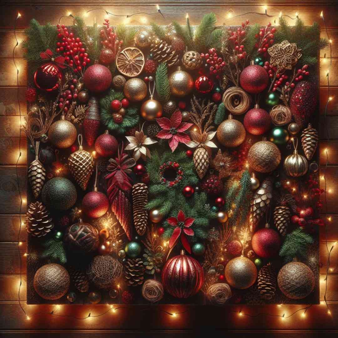 Festive Christmas board decoration with holiday-themed ornaments and lights.