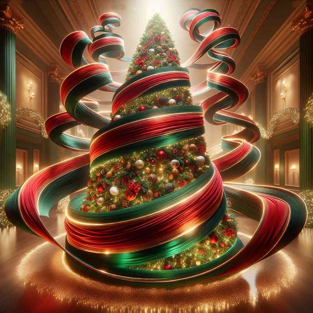 Ribbons cascading down a Christmas tree in a spiral pattern, featuring a creative use of ribbons with vibrant red and gold colors against the lush green branches of the tree, adorned with twinkling lights and ornaments.
