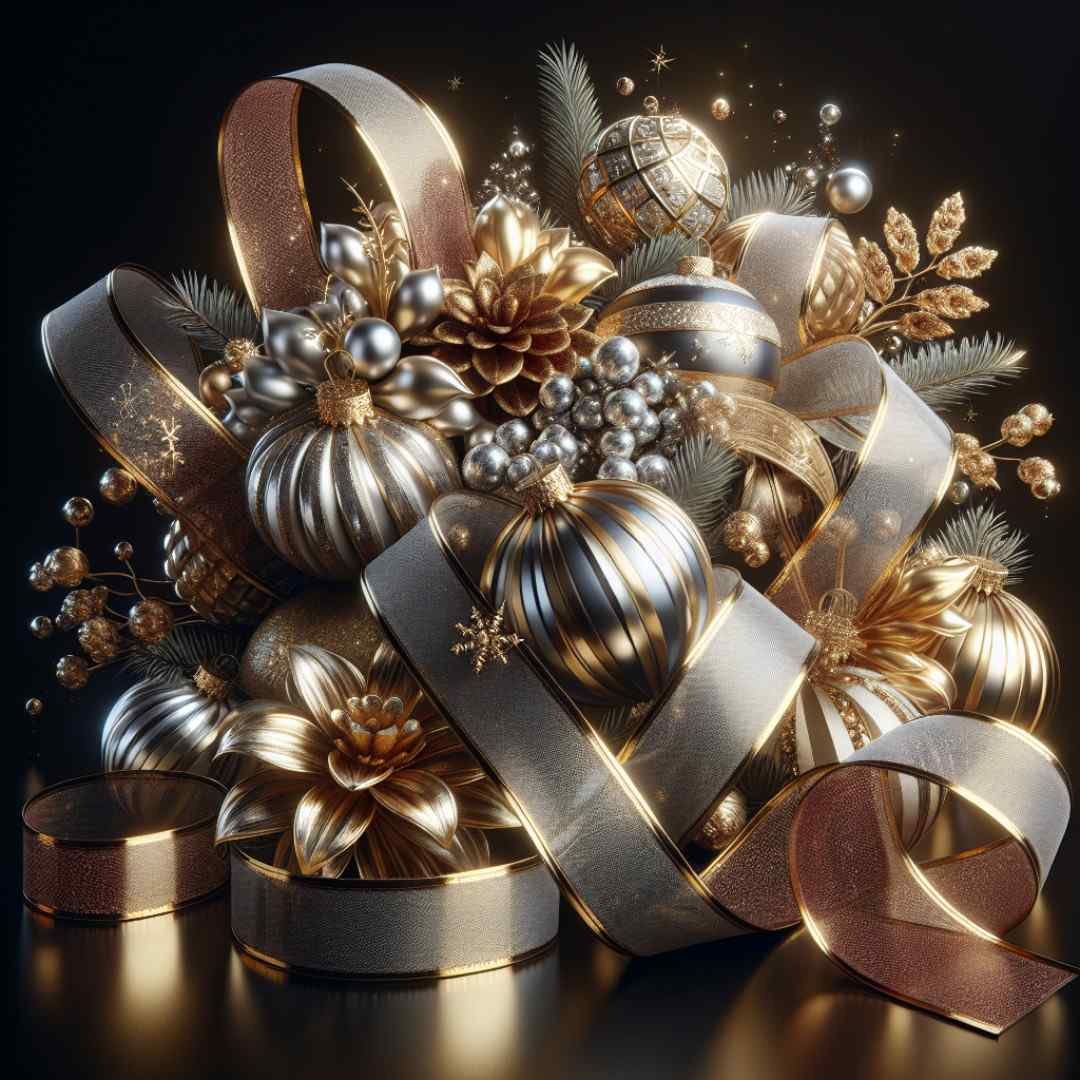 Elegant gold and silver Christmas centerpiece with ornaments and ribbons.