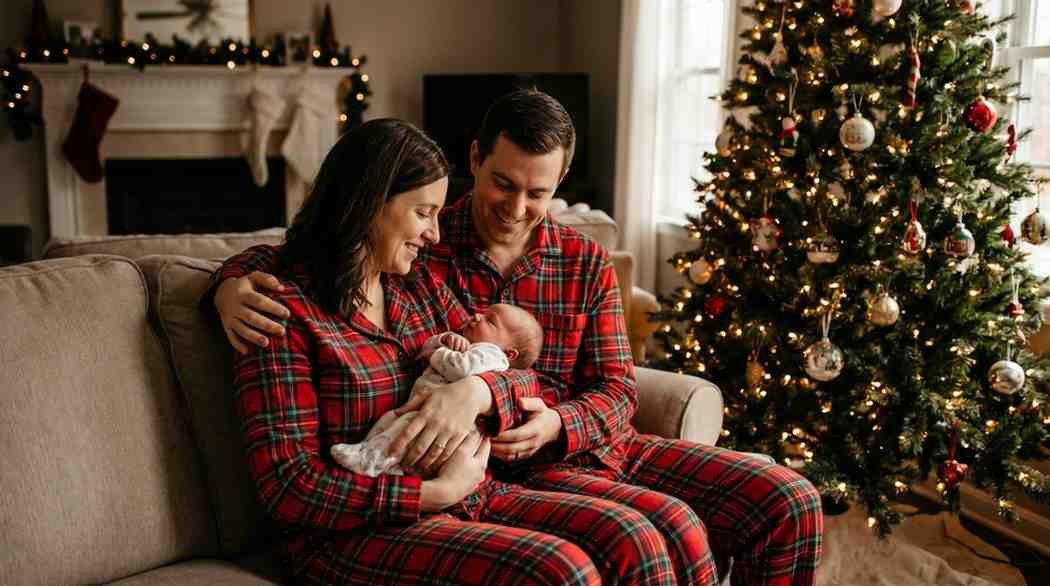 Matching family Christmas pajama newborn photos