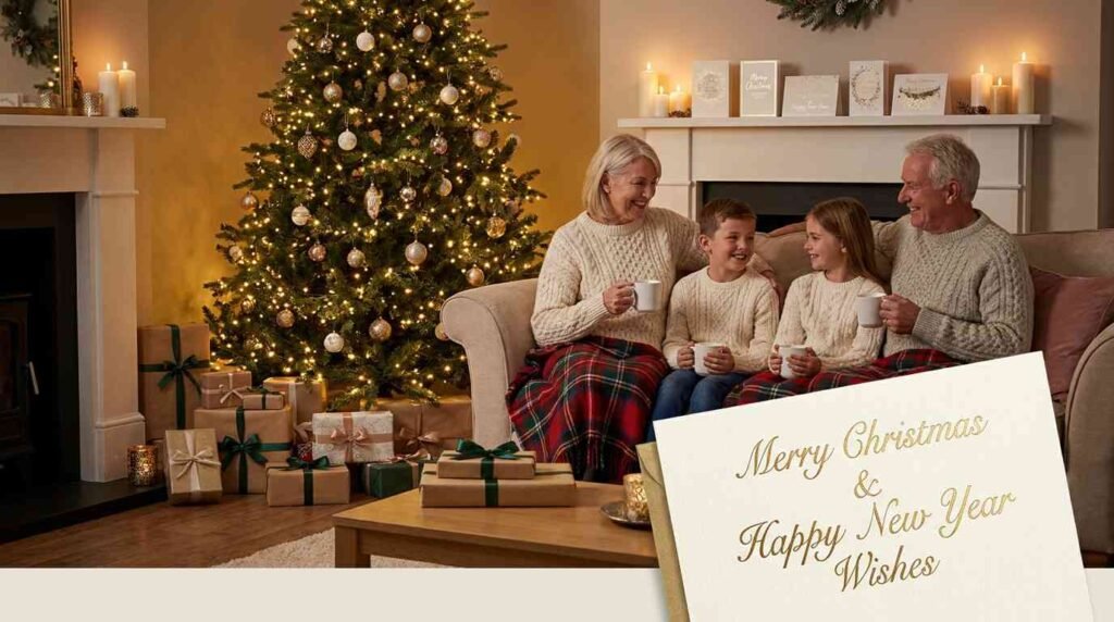 Merry Christmas and Happy New Year festive wishes celebration setup
